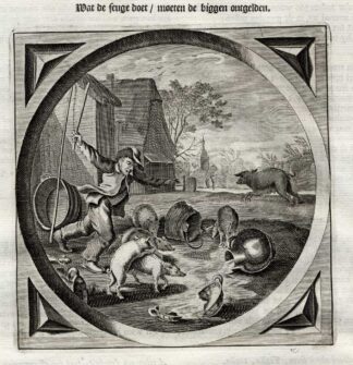 Antique Satire Print-SMALL-BIG-SUFFERING-PIG-Cats-1655