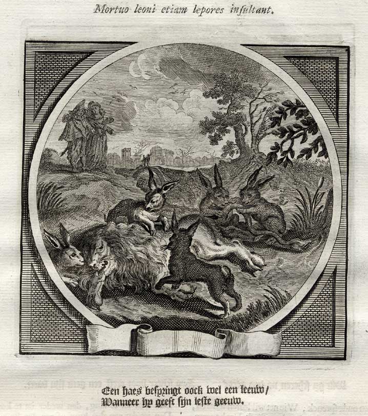 , Antique Satire Print-FEAR-CONTEMPT-LION-HARE-Cats-1655, Pictura Antique Prints