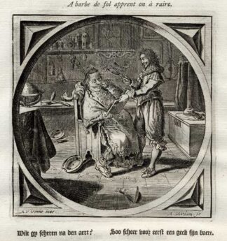 Antique Satire Print-BARBER-SHAVING-FOOL-Cats-1655