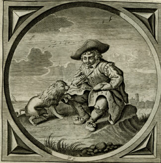 Antique Emblem-Satire-Proverb Print-MAN-DOG-FLUTE-SPOILING-Venne-Cats-1655