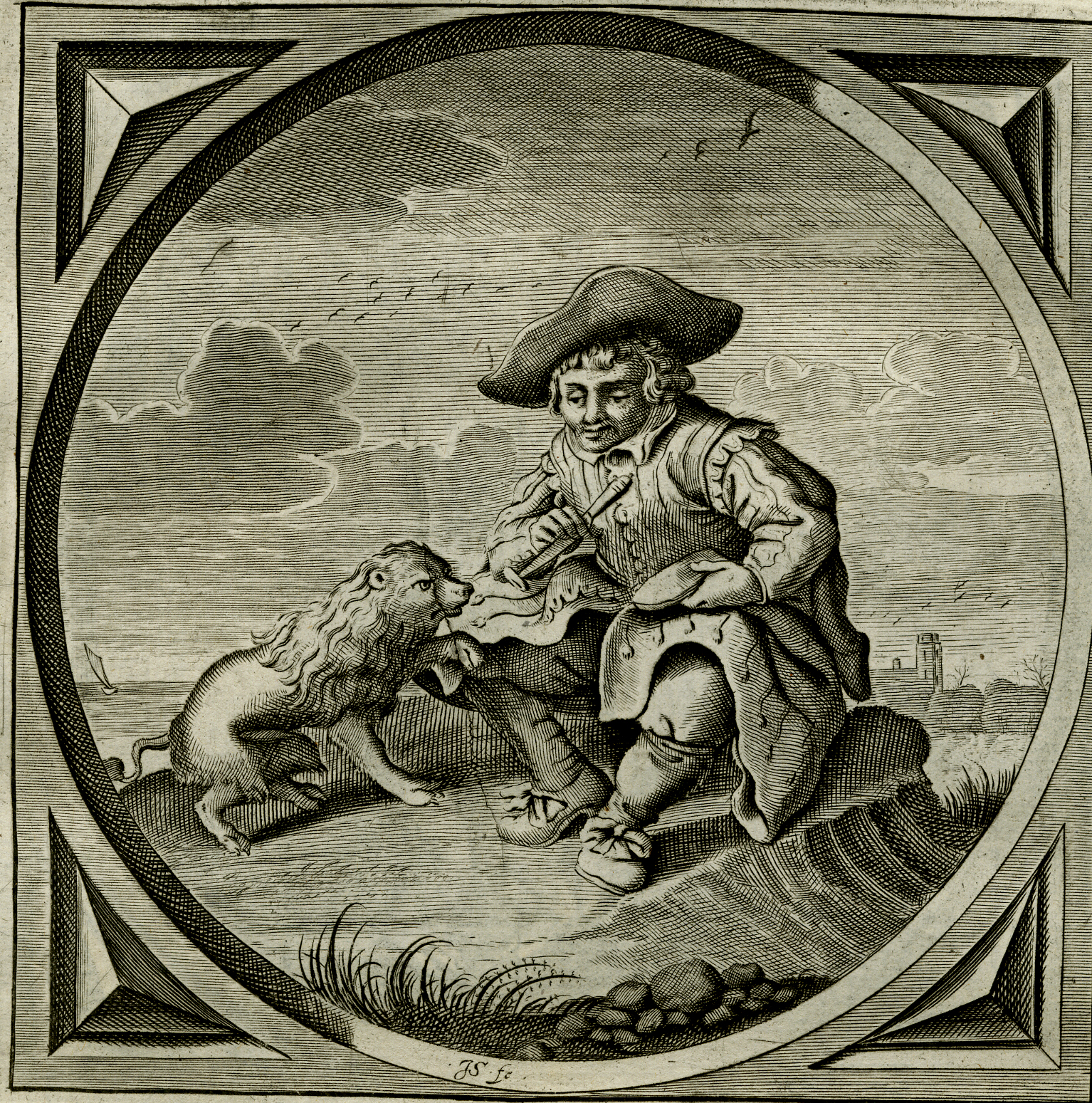 , Antique Emblem-Satire-Proverb Print-MAN-DOG-FLUTE-SPOILING-Venne-Cats-1655, Pictura Antique Prints