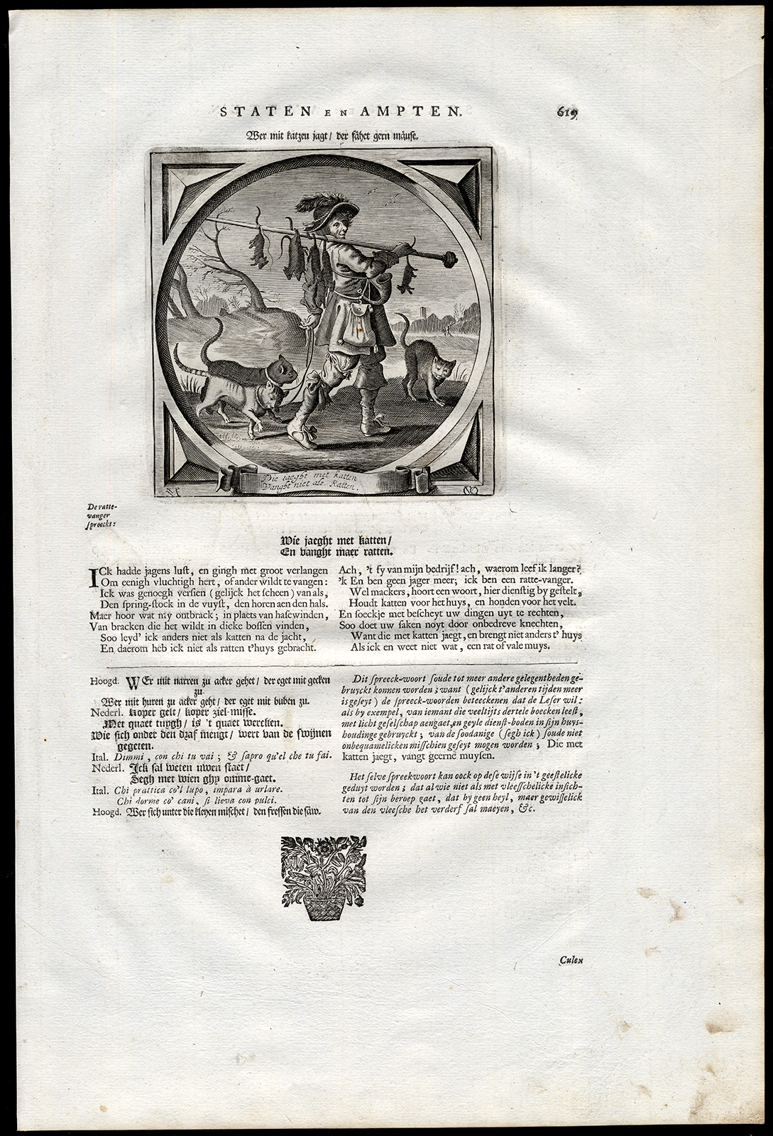 , Antique Satire Print-HUNTING-CAT-RAT-SUITABLE-Cats-1655, Pictura Antique Prints