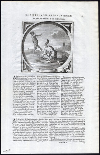 Antique Satire Print-JUDGMENT-PAIN-STONE-DOG-Cats-1655