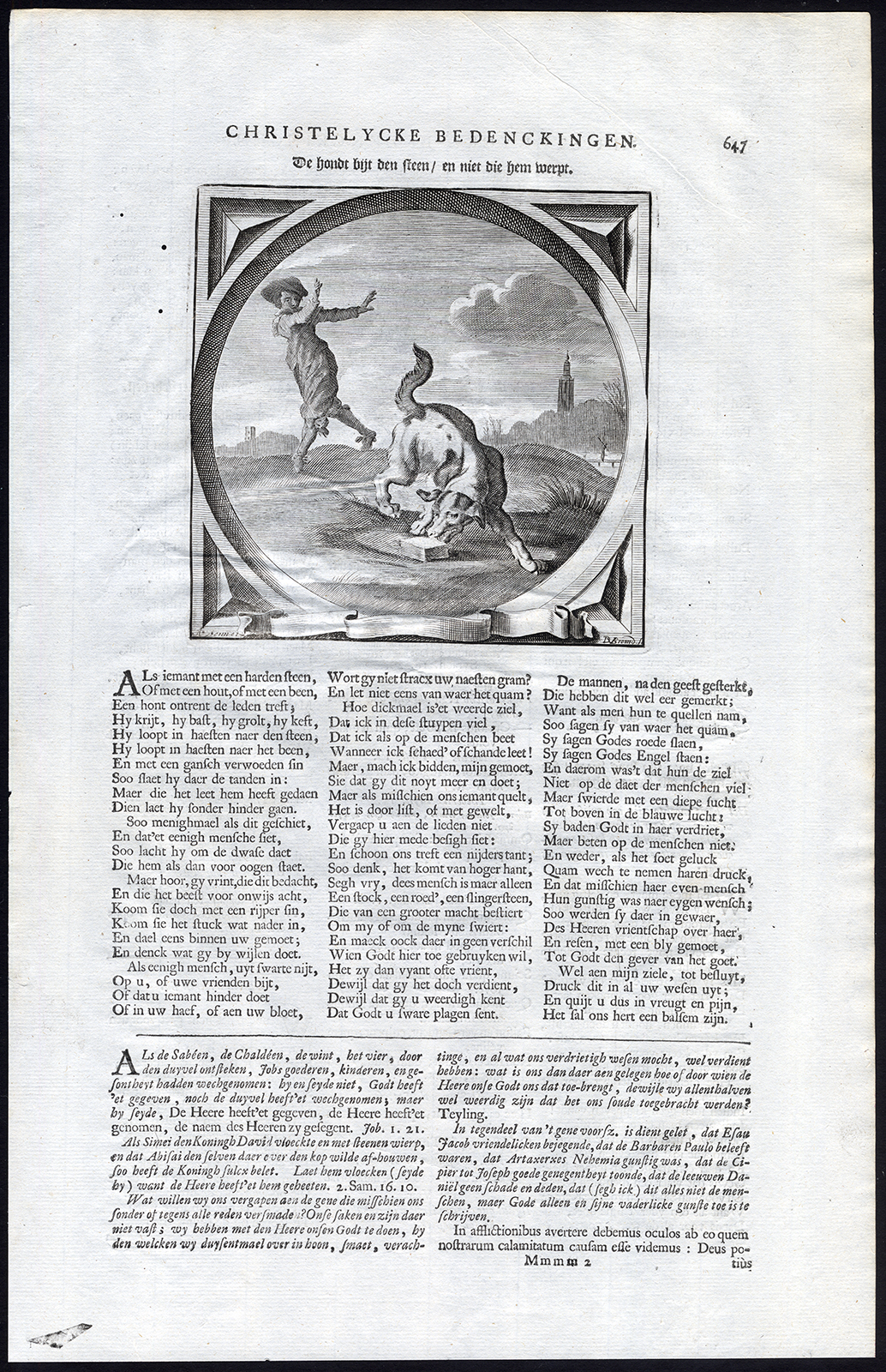 , Antique Satire Print-JUDGMENT-PAIN-STONE-DOG-Cats-1655, Pictura Antique Prints