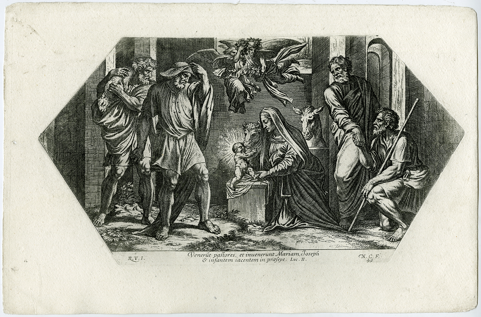 , Antique Print-ADORATION-SHEPHERDS-BIRTH-CHRIST-MARY-Chapron-1649, Pictura Antique Prints