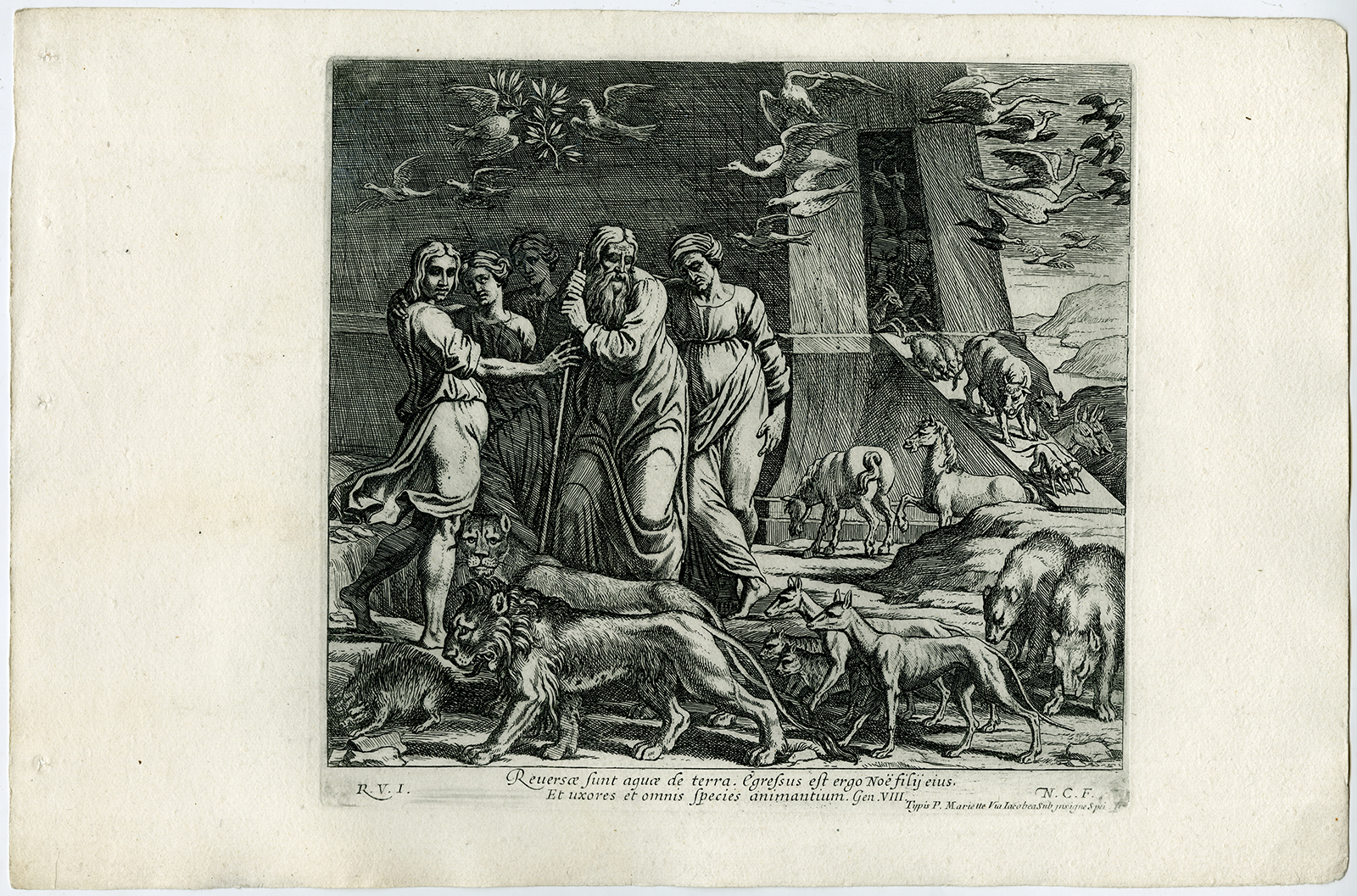 , Antique Print-FLOOD SUBSIDED-NOAH-FAMILY-ARK-EXIT-ANIMAL COUPLES-Chapron-1649, Pictura Antique Prints