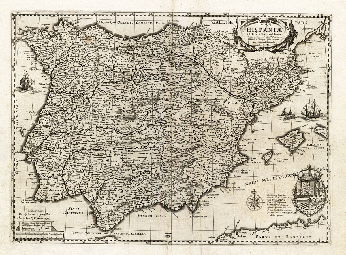 , Antique Map-SPAIN-TYPUS HISPANIAE-Hondius-1633, Pictura Antique Prints