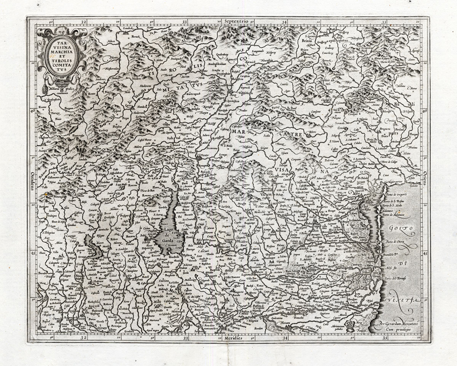 , Antique Map-ITALY-VENICE-LAKE GARDA-TYROL-Mercator-1636, Pictura Antique Prints
