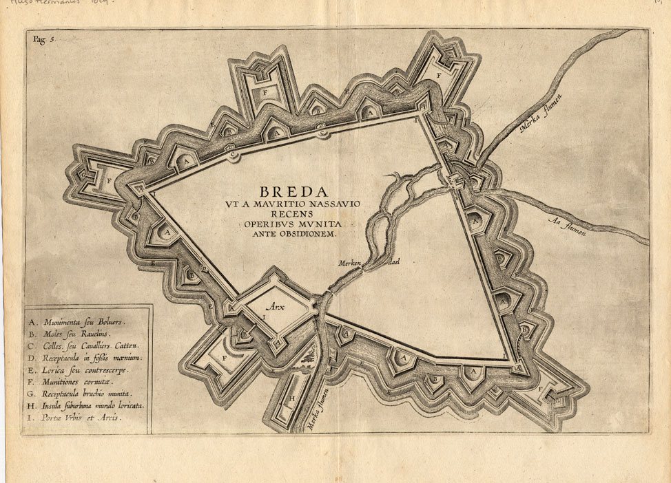 , Antique Map-FORTIFICATION-BREDA-MAURICE OF ORANGE-Herman Hugo-1629, Pictura Antique Prints