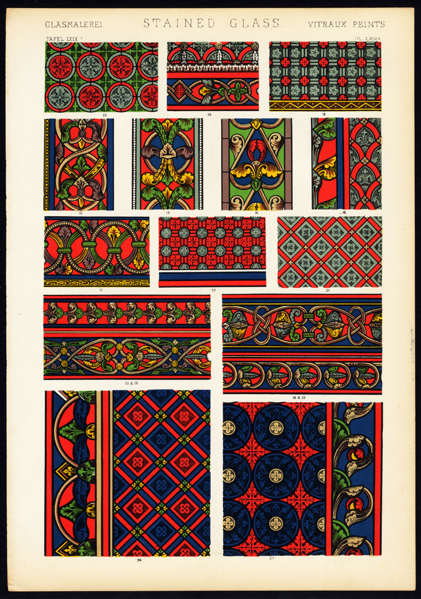 , Antique Print-DECORATION-MOTIF-TILES-STAINED GLASS-Plate LXIXbis-Owen Jones-1856, Pictura Antique Prints