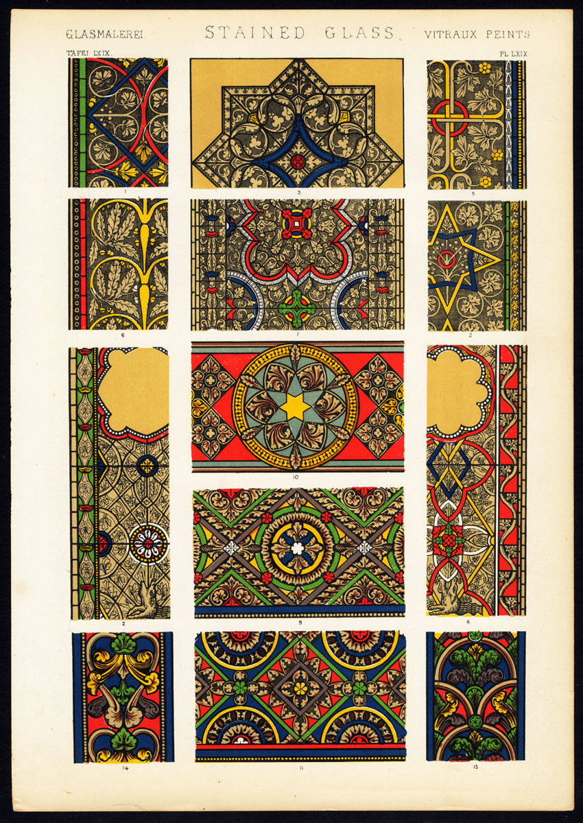 , Antique Print-DECORATION-MOTIFS-TILES-STAINED GLASS-Plate LXIX-Owen Jones-1856, Pictura Antique Prints