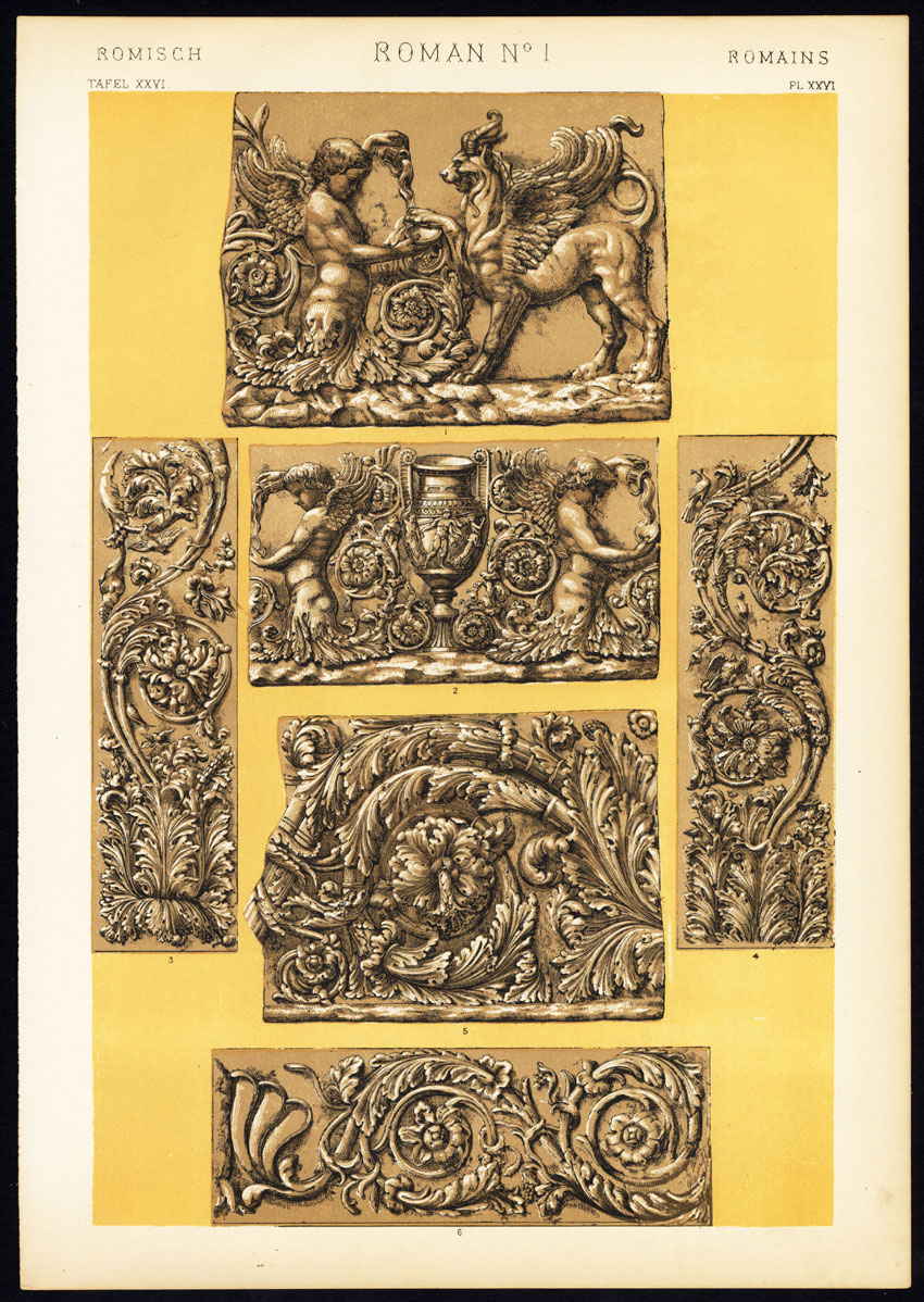 , Antique Print-DECORATION-MOTIFS-TILES-ROMAN NO. 1-ROME-ITALY-Owen Jones-1856, Pictura Antique Prints