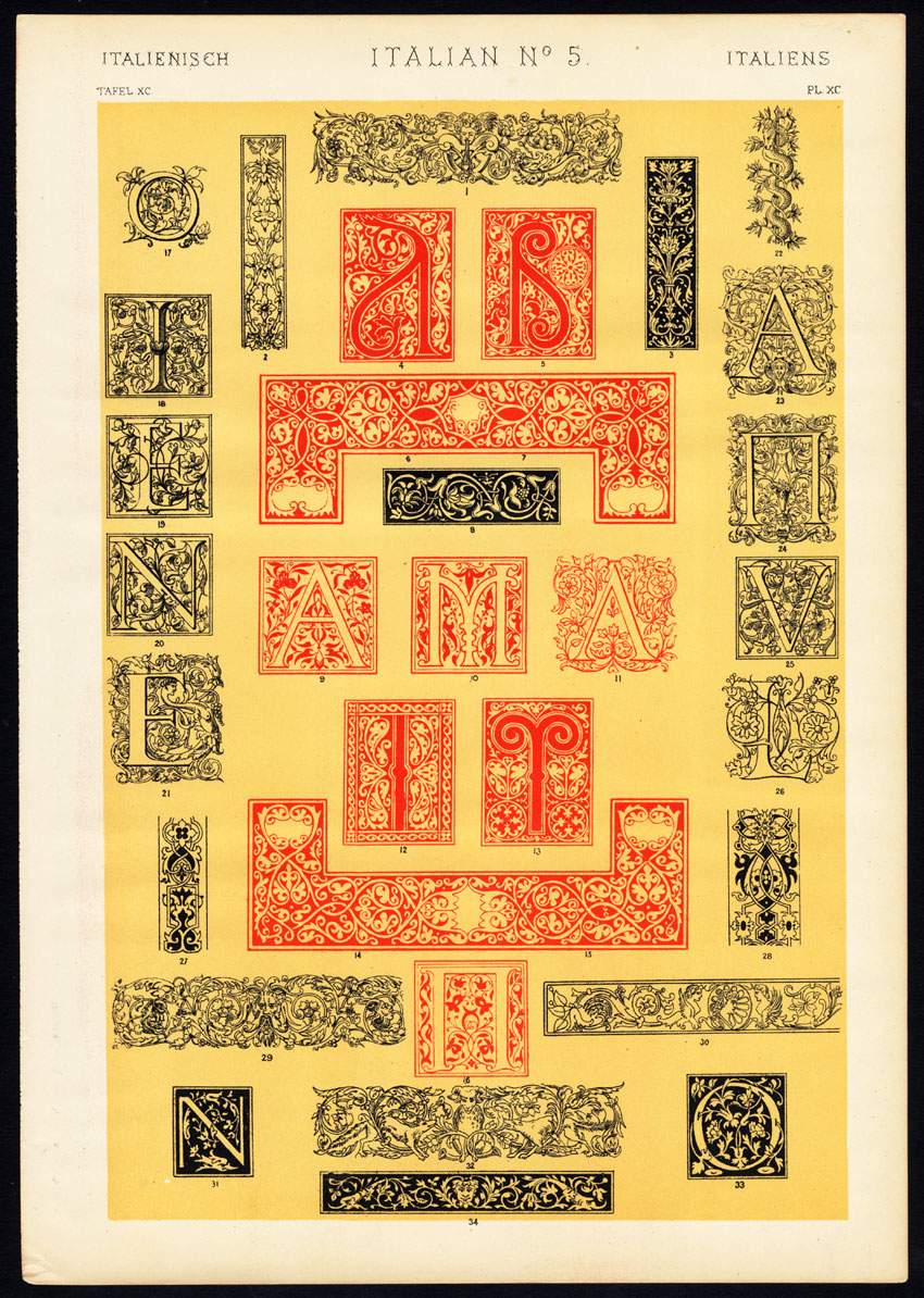 , Antique Print-DECORATION-MOTIFS-TILES-ITALIAN NO. 5-ITALY-Owen Jones-1856, Pictura Antique Prints