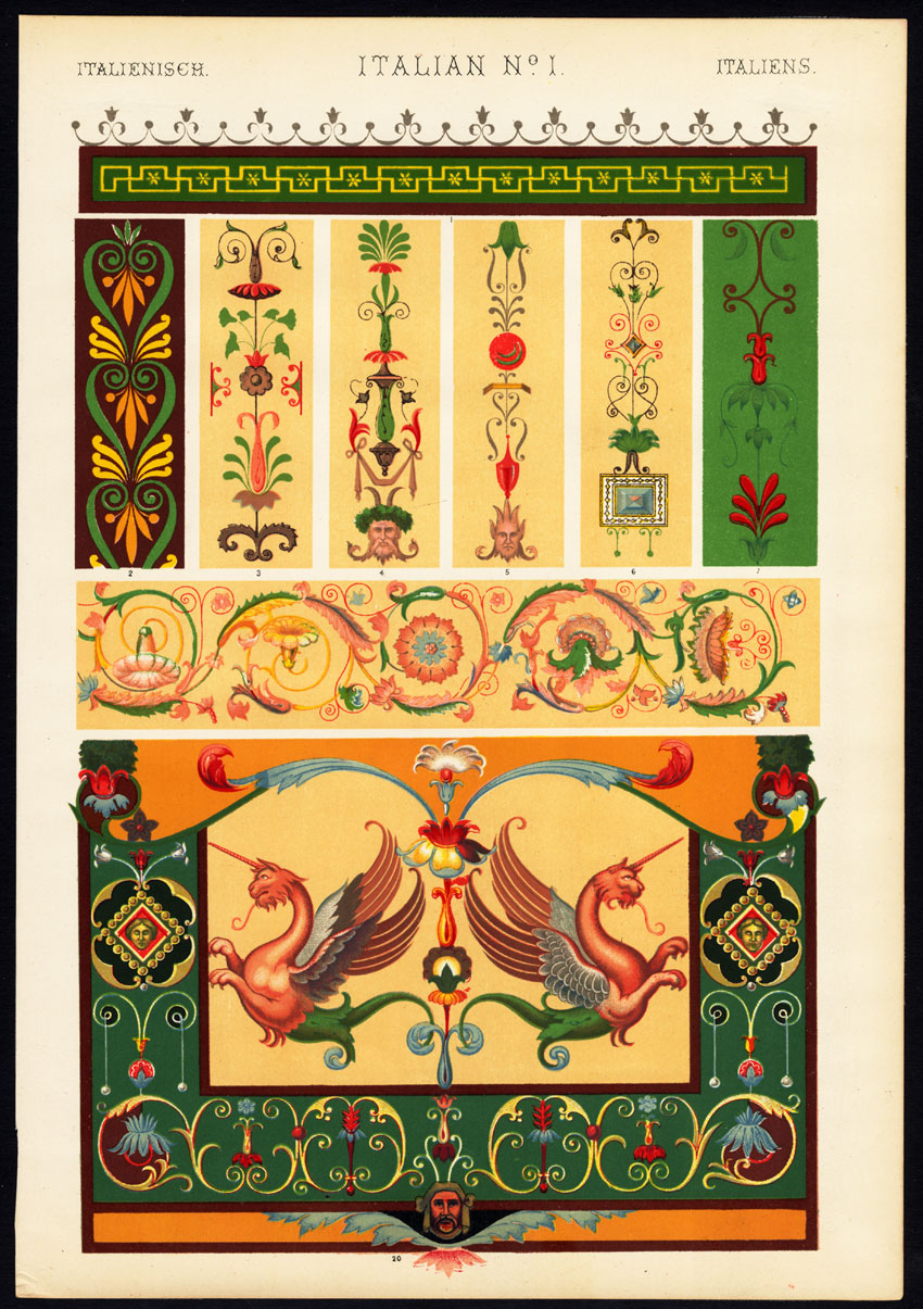 , Antique Print-DECORATION-MOTIFS-TILES-ITALIAN NO. 1-ITALY-Owen Jones-1856, Pictura Antique Prints
