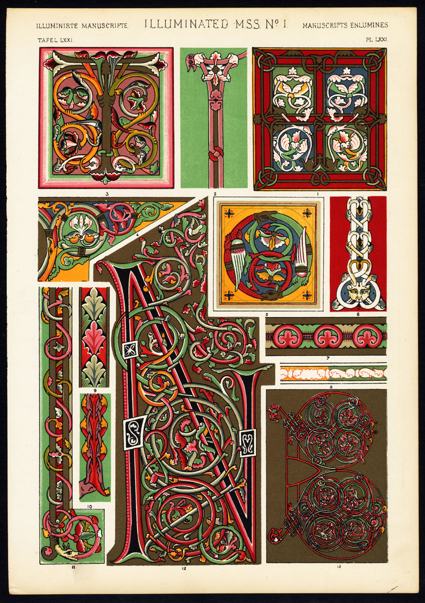 , Antique Print-DECORATION-MOTIFS-ILLUMINATED MANUSCRIPT NO. 1-Owen Jones-1856, Pictura Antique Prints