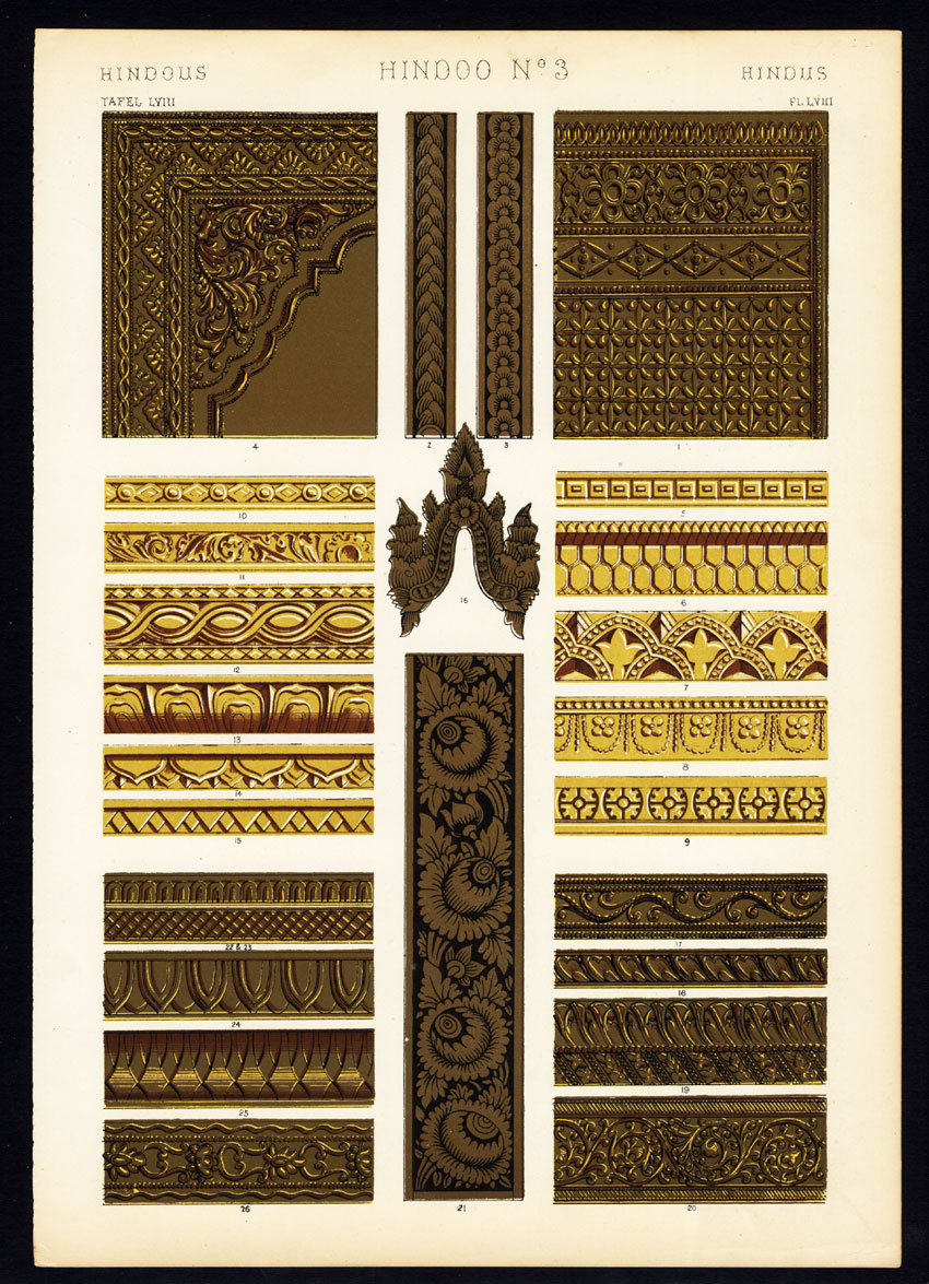, Antique Print-DECORATION-MOTIFS-TILES-HINDOO NO. 3-HINDU-Owen Jones-1856, Pictura Antique Prints