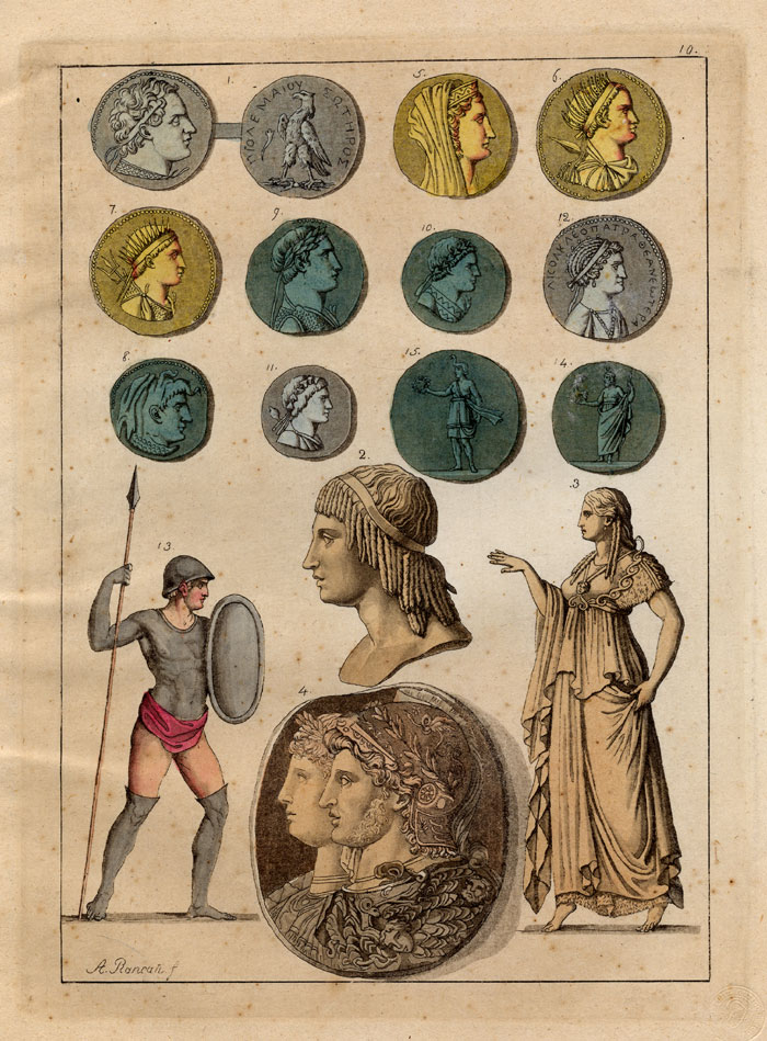 , Antique Print-GREECE-COINS-COSTUME-WEAPON-Ferrario-1827, Pictura Antique Prints