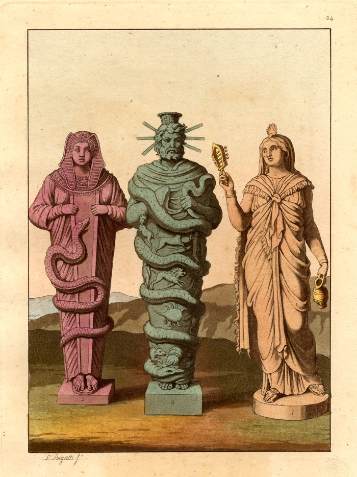 , Antique Print-EGYPT-STATUES-SNAKES-GODS-Ferrario-1827, Pictura Antique Prints