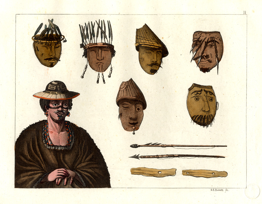 , Antique Print-COSTUME-MASKS-WEAPONS-Ferrario-1827, Pictura Antique Prints