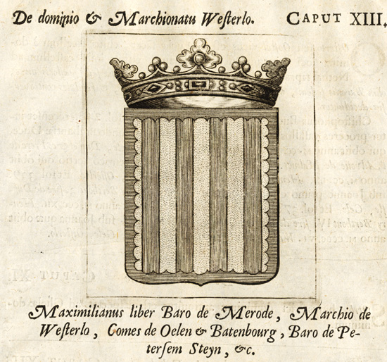, Antique Print-MAXIMILIANUS-BARON DE MERODE-COAT OF ARMS-Le Roy-1678, Pictura Antique Prints