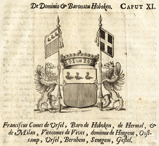 , Antique Print-COAT OF ARMS-FRANSISCUS COUNT OF URSEL-HOBOKEN-Le Roy-1678, Pictura Antique Prints