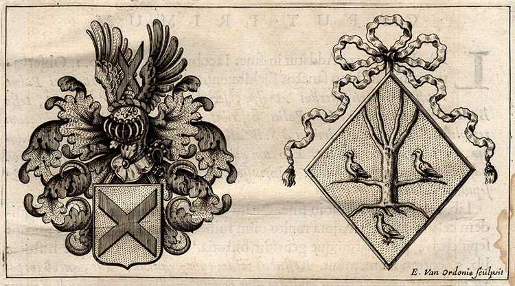 , Antique Print-COAT OF ARMS-BOUCHAUT-VAN HOVE-MEDALLION-Le Roy-1678, Pictura Antique Prints
