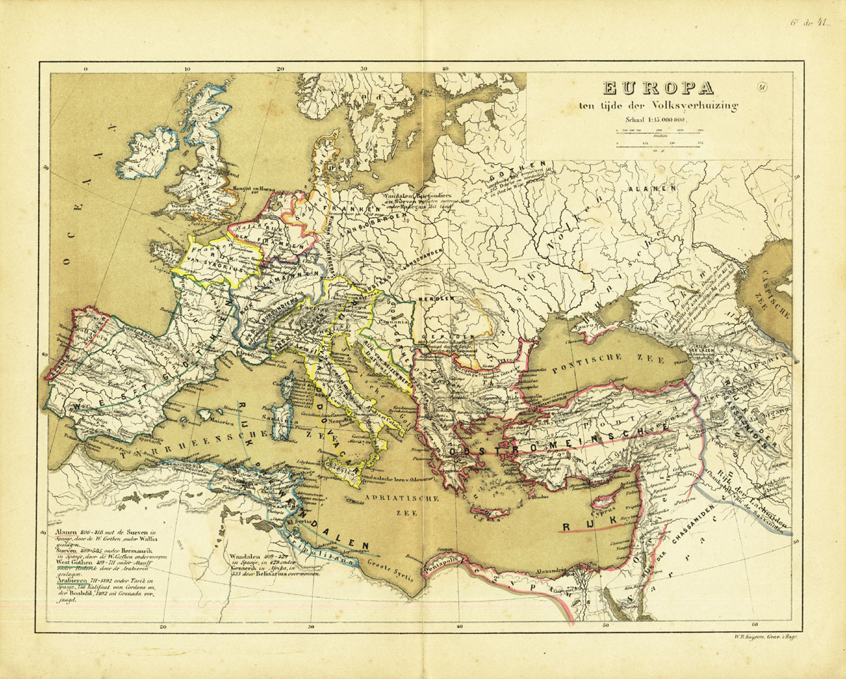 Lb3034 416x334 Antique Map-EUROPE-MIGRATION PERIOD-BARBARIAN INVASIONS-Huberts-1877