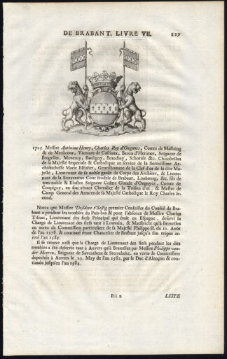 Antique Print-COAT OF ARMS-ANTHOINE HENRY-CHARLES ROY D'ONGNYES-Butkens-1726