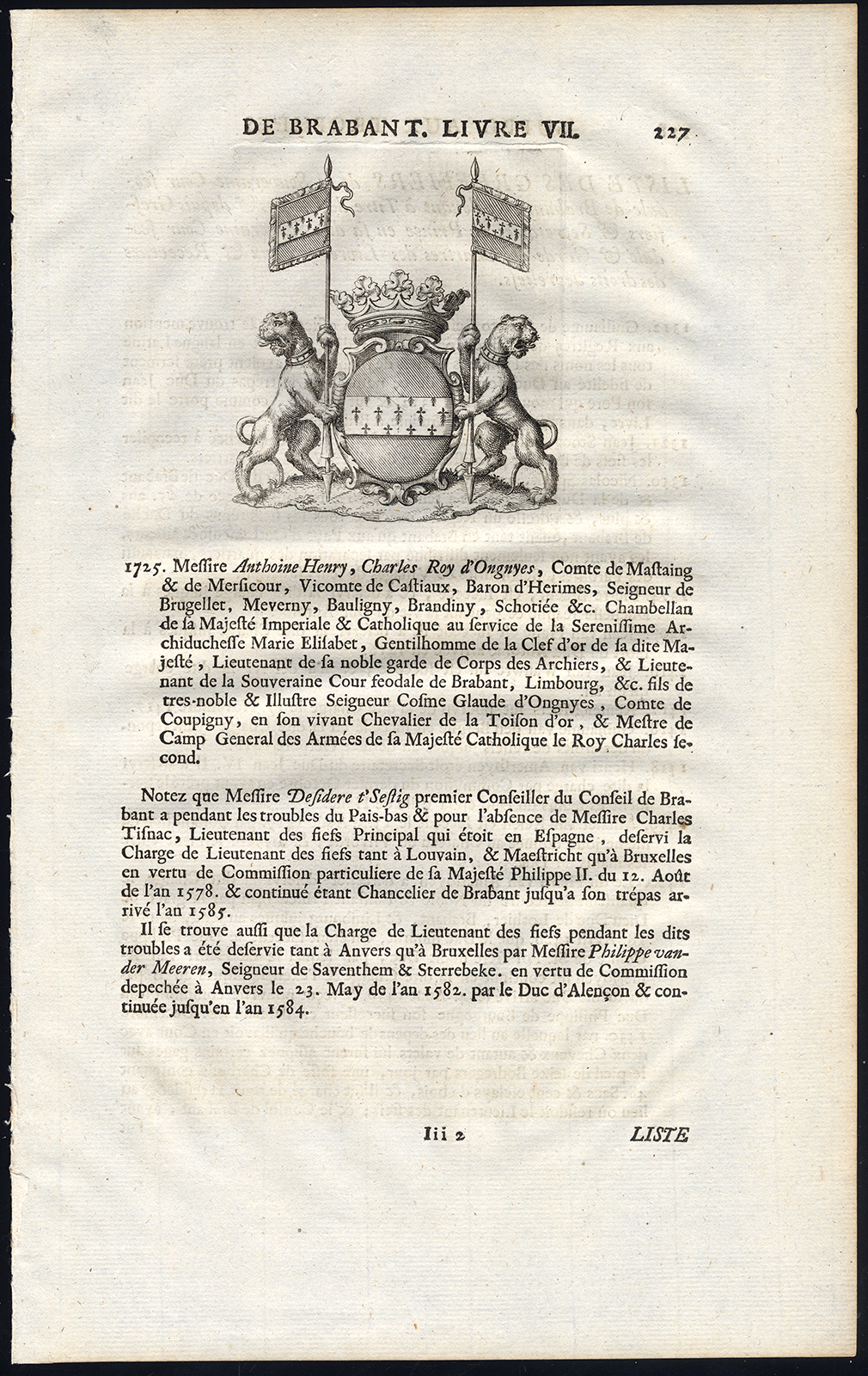 , Antique Print-COAT OF ARMS-ANTHOINE HENRY-CHARLES ROY D’ONGNYES-Butkens-1726, Pictura Antique Prints