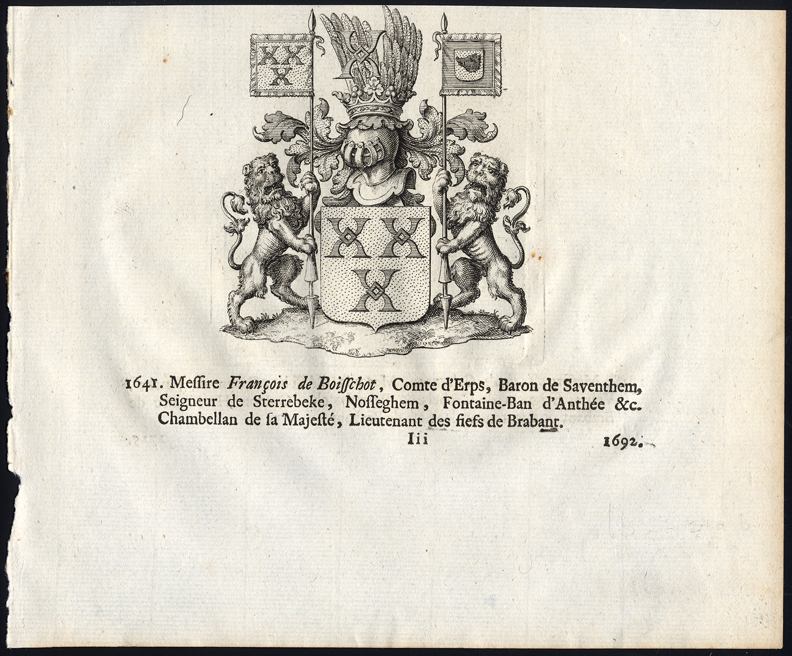 , Antique Print-COAT OF ARMS-CHARLES DE BOISSCHOT-JEAN DE COTTEREAU-Butkens-1726, Pictura Antique Prints