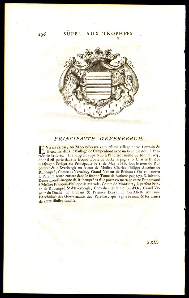 , Antique Print-COAT OF ARMS-PRINCIPALITY OF EVERBERG-BELGIUM-Butkens-1726, Pictura Antique Prints