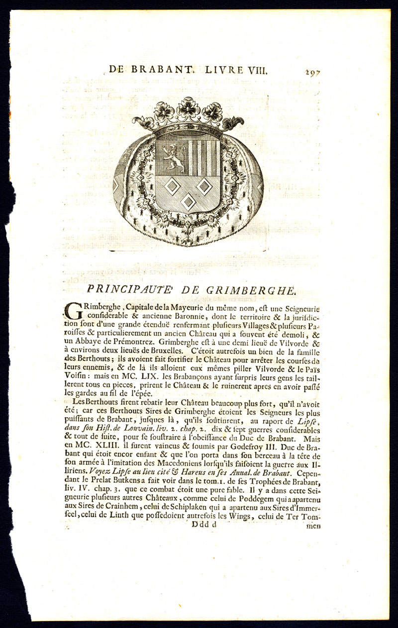 , Antique Print-COAT OF ARMS-PRINCIPALITY OF GRIMBERGEN-BELGIUM-Butkens-1726, Pictura Antique Prints