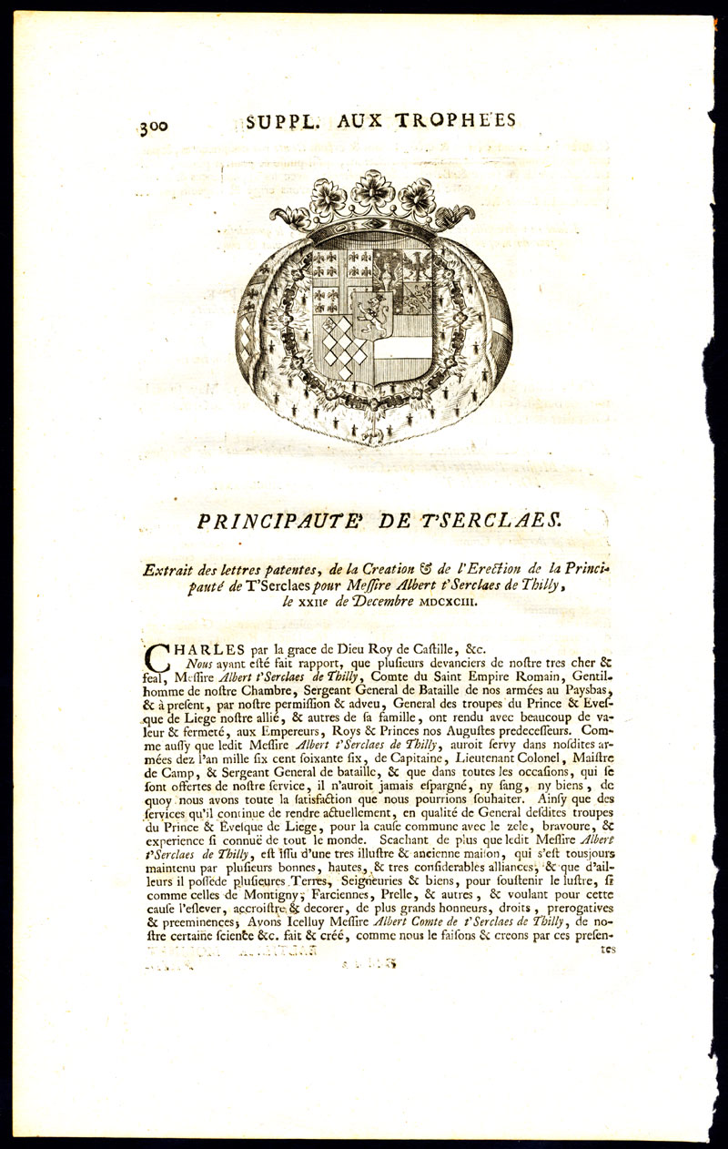, Antique Print-COAT OF ARMS-PRINCIPALITY OF ‘T SERCLAES-BELGIUM-Butkens-1726, Pictura Antique Prints