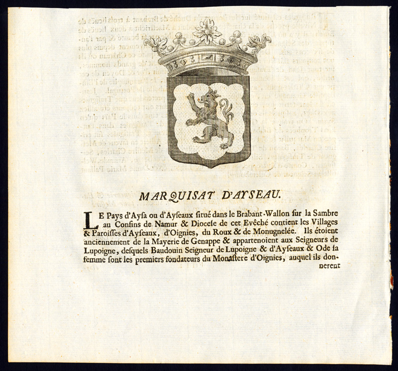 , Antique Print-COAT OF ARMS-MARQUISATE OF AYSEAU-BRABANT-Butkens-1726, Pictura Antique Prints