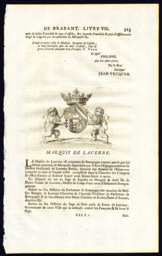 Antique Print-COAT OF ARMS-MARQUIS OF LAVERNE-BRABANT-Butkens-1726