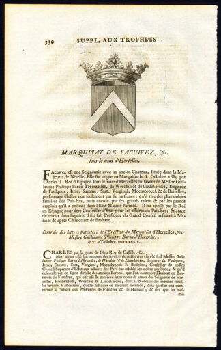 Antique Print-COAT OF ARMS-MARQUISATE OF FACUWEZ-BRABANT-Butkens-1726