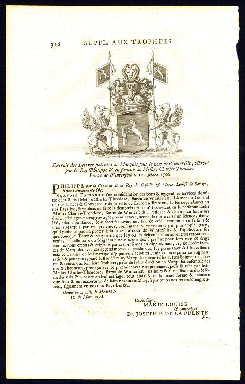 , Antique Print-COAT OF ARMS-MARGRAVE-BARON CHARLES DE WINTERFELT-BAY-Butkens-1726, Pictura Antique Prints