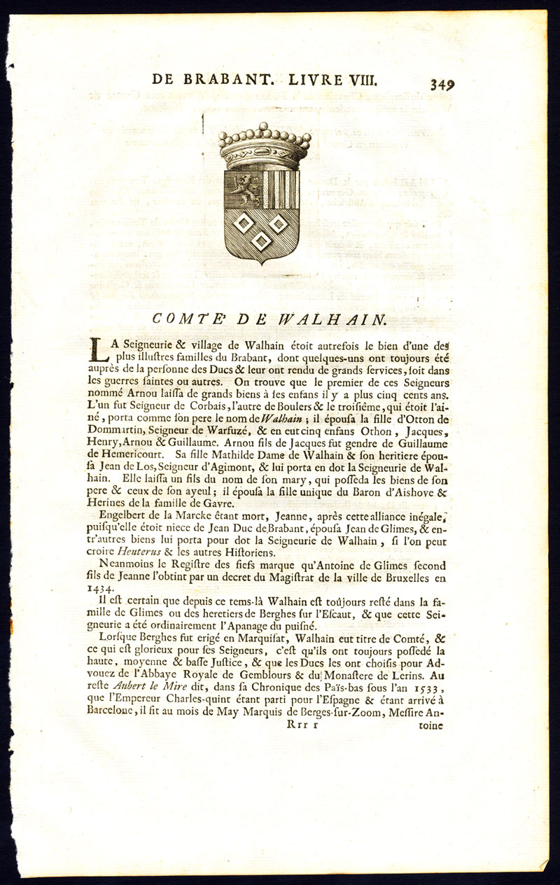 , Antique Print-COAT OF ARMS-COUNT OF WALHAIN-BRABANT-Butkens-1726, Pictura Antique Prints