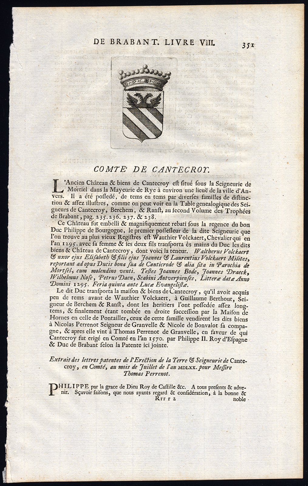, Antique Print-COAT OF ARMS-COUNT OF CANTECROY-MORTSEL-BRABANT-Butkens-1726, Pictura Antique Prints