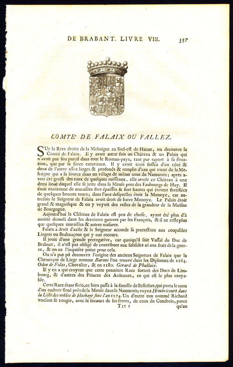 , Antique Print-COAT OF ARMS-COUNT OF FALAIX-FALLEZ-BRABANT-Butkens-1726, Pictura Antique Prints