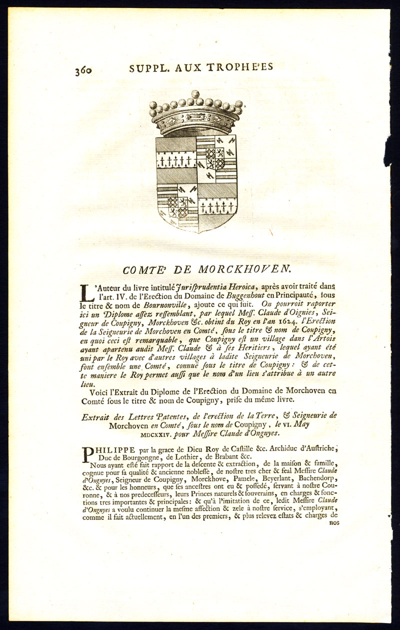 , Antique Print-COAT OF ARMS-COUNT OF MORKHOVEN-BRABANT-Butkens-1726, Pictura Antique Prints