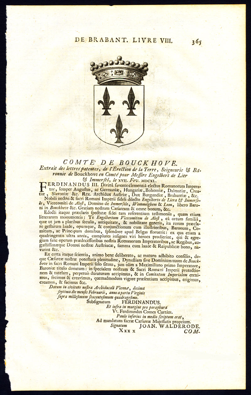 , Antique Print-COAT OF ARMS-COUNT OF ERPS-KWERPS-BOUCKHOVE-BRABANT-Butkens-1726, Pictura Antique Prints