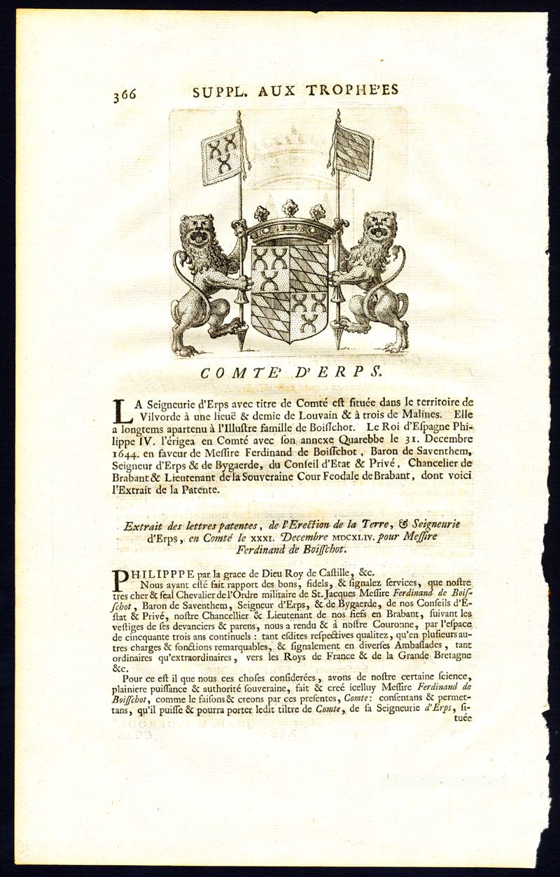 , Antique Print-COAT OF ARMS-COUNT OF ERPS-KWERPS-BOUCKHOVE-BRABANT-Butkens-1726, Pictura Antique Prints