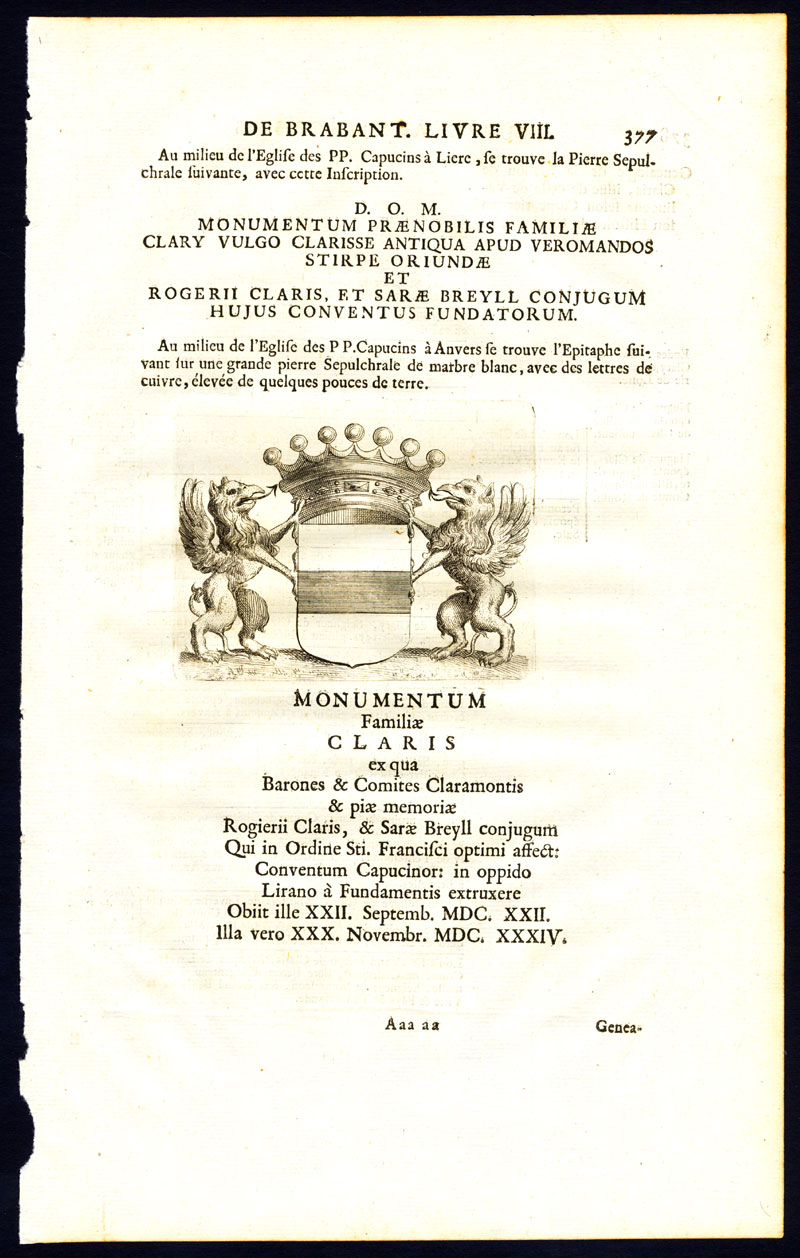 , Antique Prints-COAT OF ARMS-CLARIS FAMILY-MONUMENT-ALTAR-BRABANT-Butkens-1726, Pictura Antique Prints