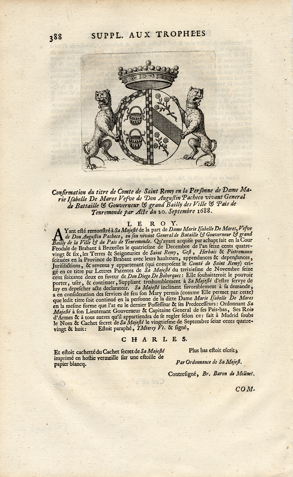 , Antique Print-COAT OF ARMS-COUNT OF SAINT REMY-BRABANT-Butkens-1724, Pictura Antique Prints