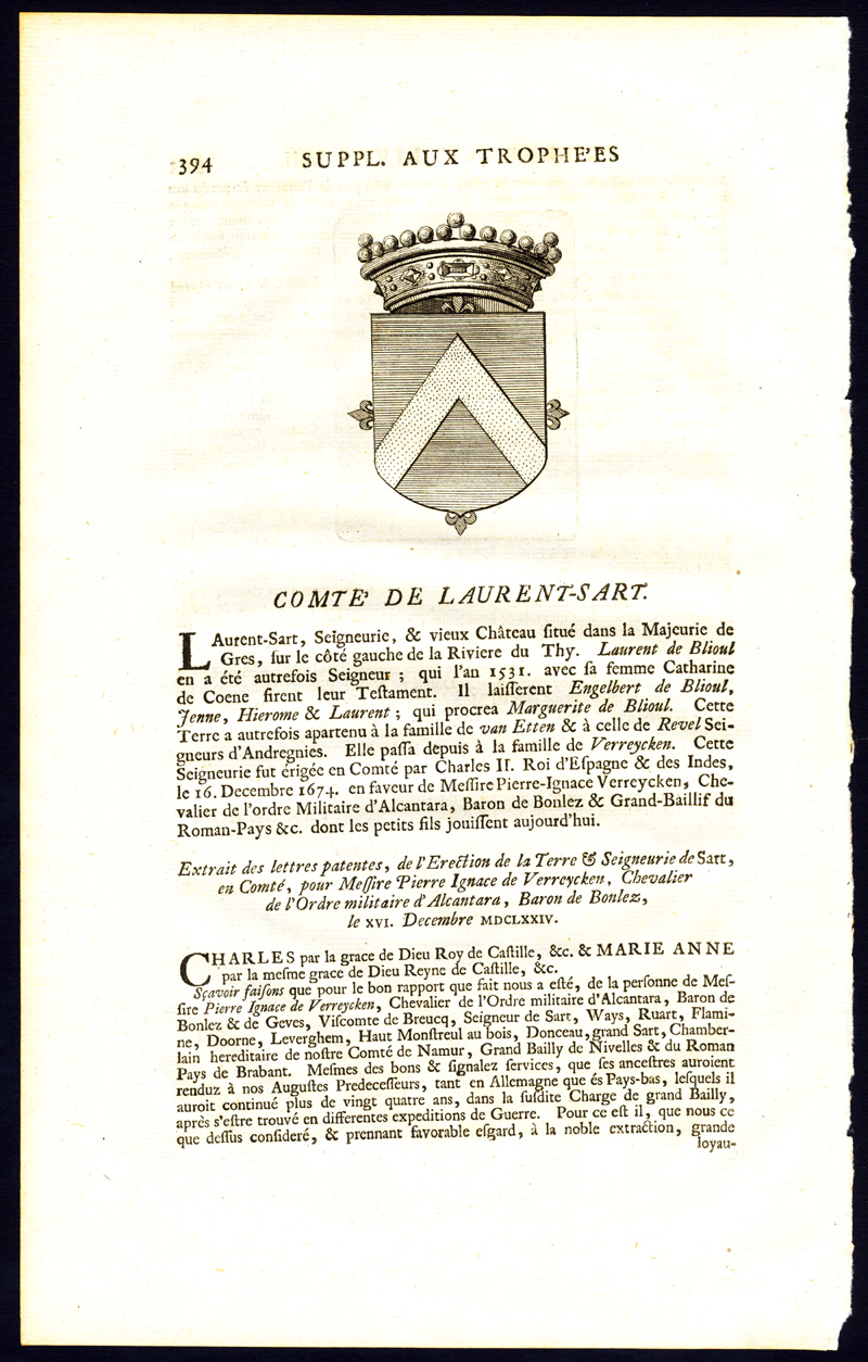 , Antique Print-COAT OF ARMS-COUNT OF SART SAINT LAURENT-BRABANT-Butkens-1726, Pictura Antique Prints