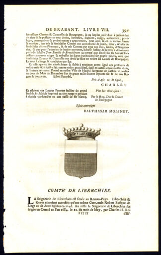 Antique Print-COAT OF ARMS-COUNT OF LIBERCHIES-BRABANT-Butkens-1724
