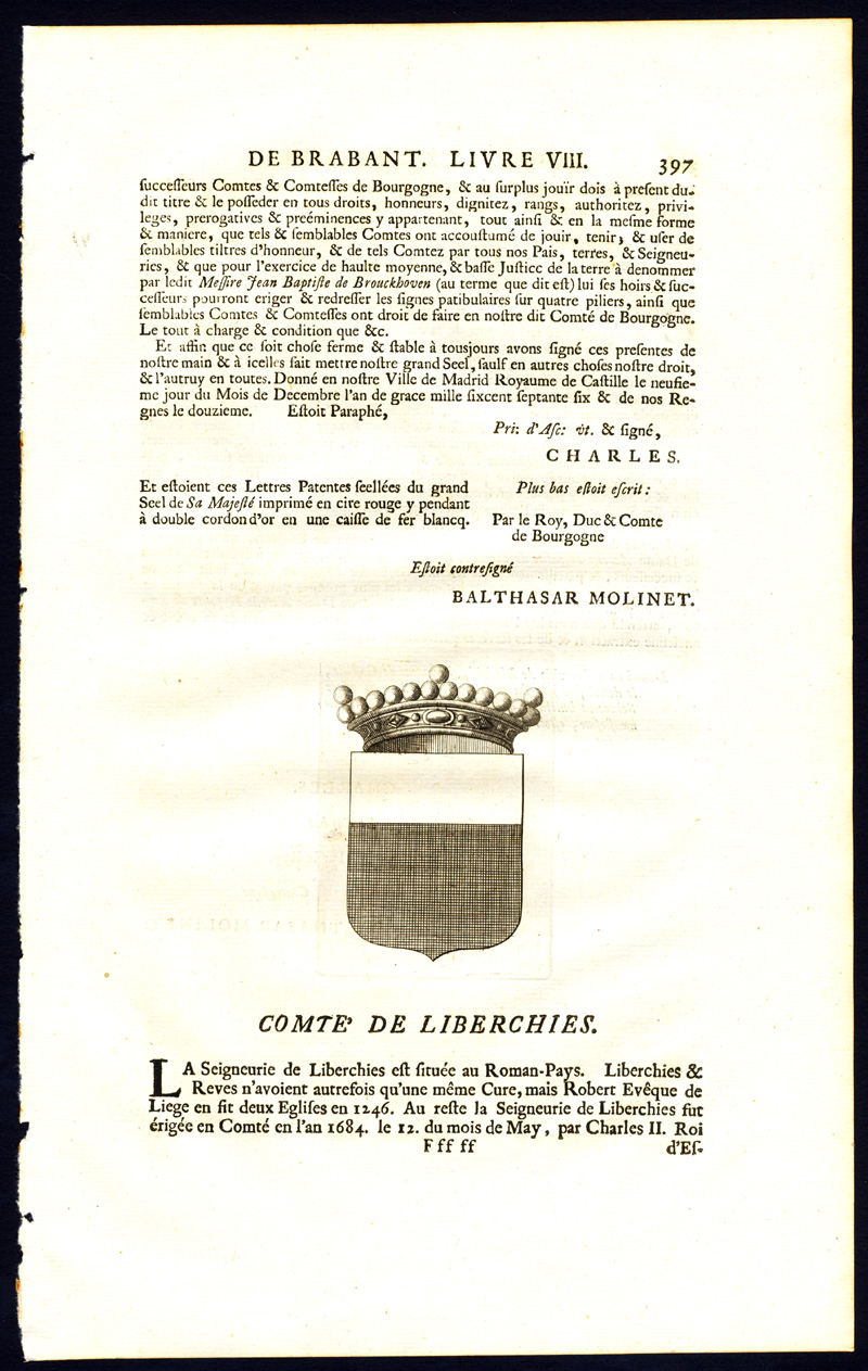 , Antique Print-COAT OF ARMS-COUNT OF LIBERCHIES-BRABANT-Butkens-1724, Pictura Antique Prints