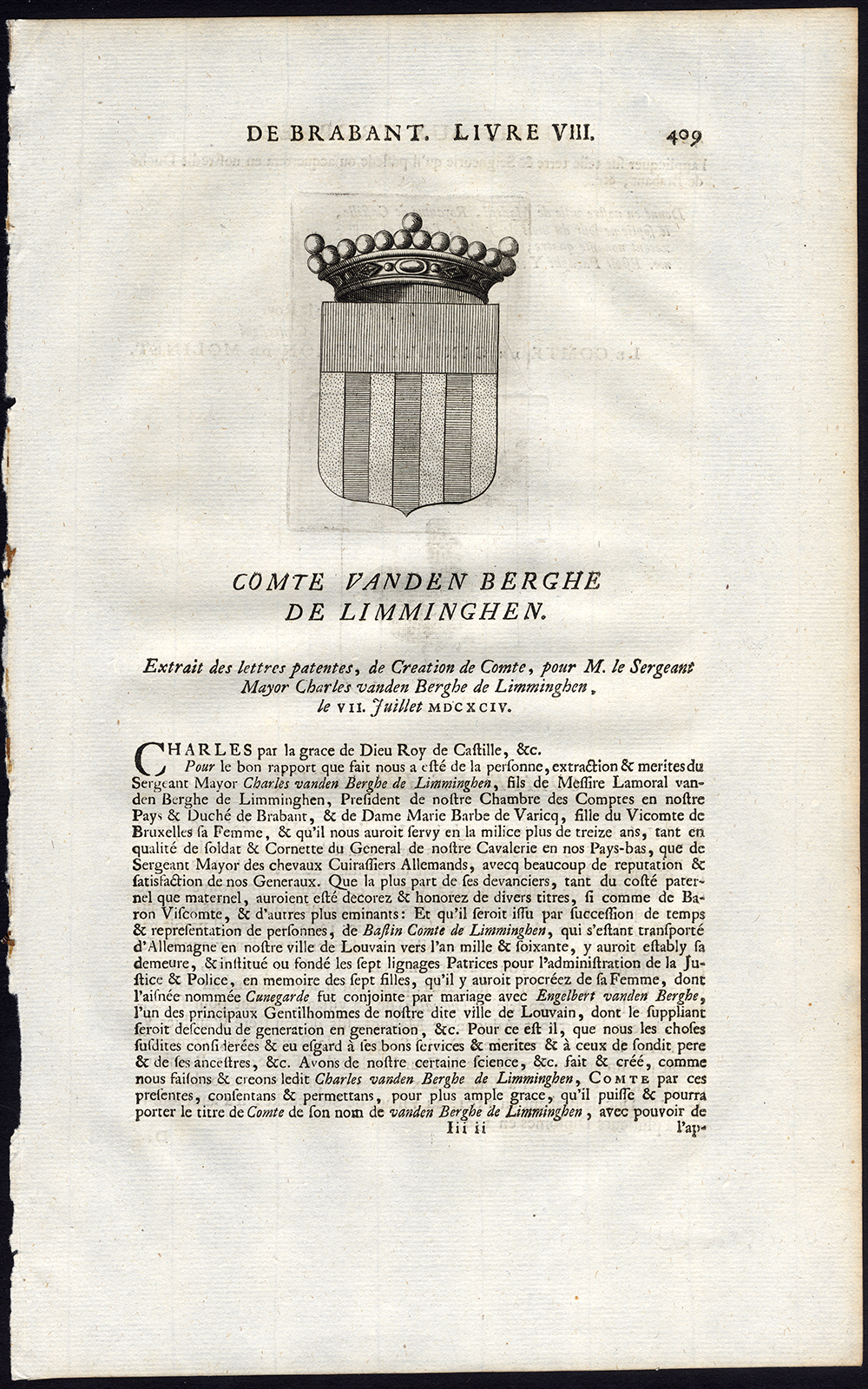 , Antique Print-COAT OF ARMS-COUNT VANDEN BERGHE-LIMMINGHEN-HUMBEEK-Butkens-1724, Pictura Antique Prints