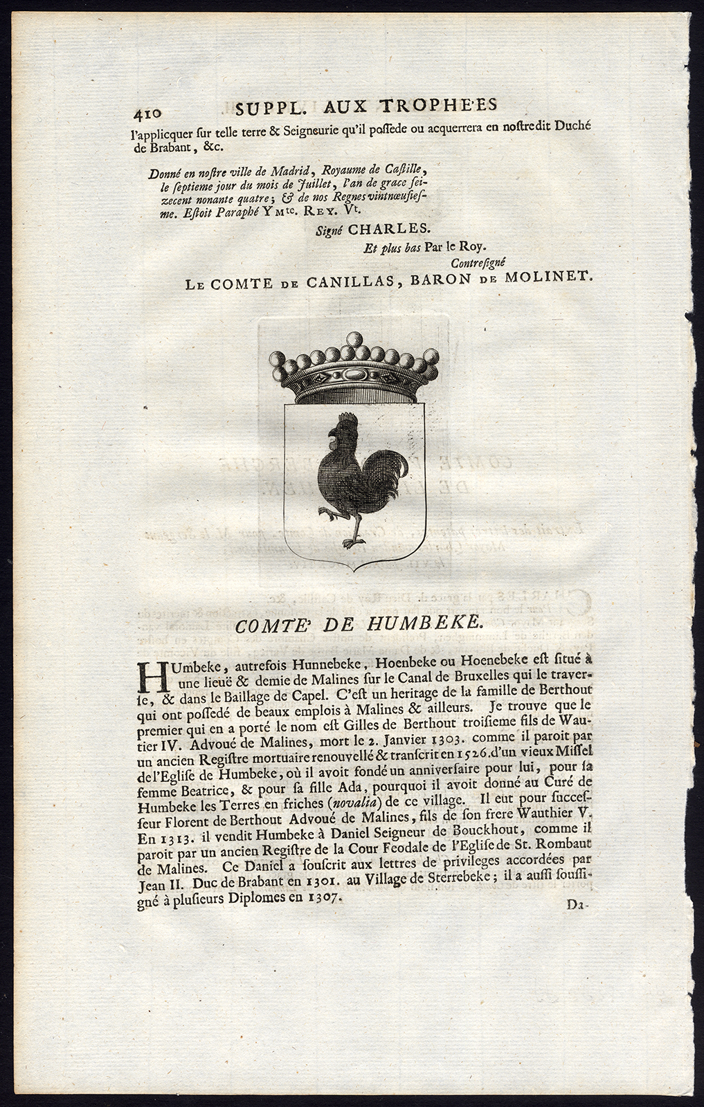 , Antique Print-COAT OF ARMS-COUNT VANDEN BERGHE-LIMMINGHEN-HUMBEEK-Butkens-1724, Pictura Antique Prints